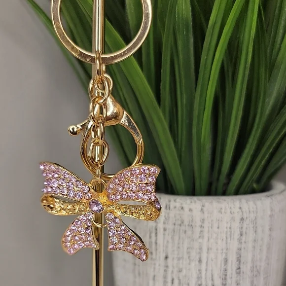 Purple Gold Bow Keychain Bag charm Rhinestone - Picture 5 of 10